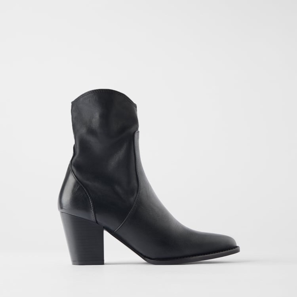 ZARA 100% LEATHER COWBOY ANKLE BLACK BOOTS BRAND NEW WITH TAGS US 10/EUR 41